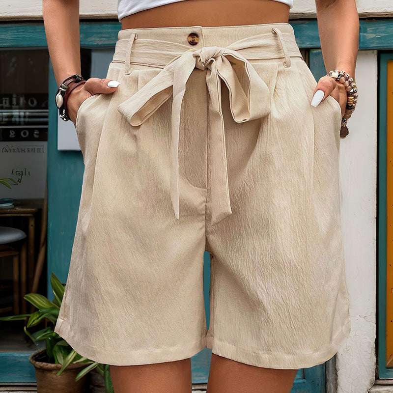 Women's Simple Casual Lace Up Elastic Waist Solid Color Shorts - globaltradeleader