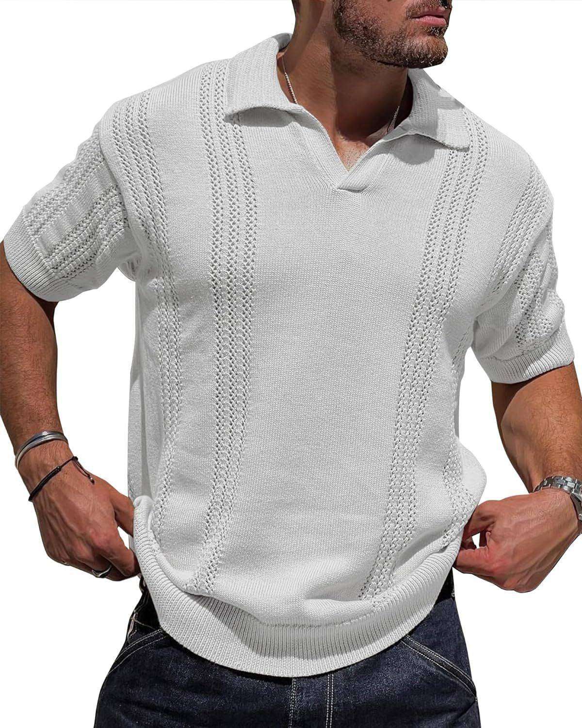 European And American Fashion Men's Knitted Polo Shirt Short Sleeve V-neck Hollow - globaltradeleader