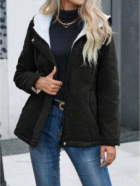 Women's Plain Zipper Front Hooded Fleece Casual Padded Padded Coat - globaltradeleader