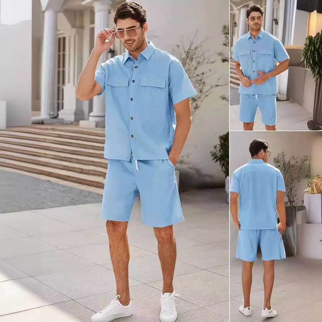 Summer Suits Men Short Sleeve Lapel Pockets Shirt And Drawstring Shorts Sports Fashion Leisure Men's Clothing - globaltradeleader