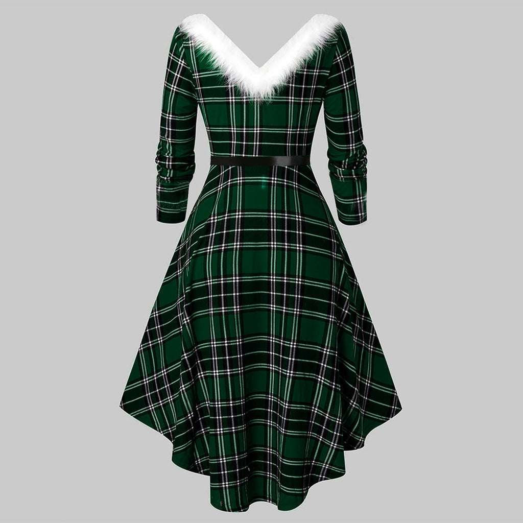 Christmas Women's Fur Patchwork V-neck Long Sleeved Dress - globaltradeleader
