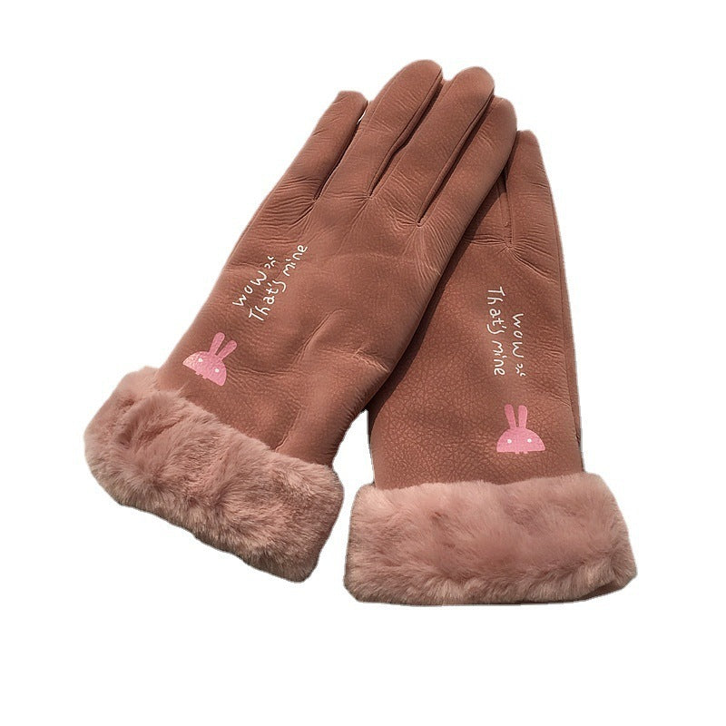 Autumn And Winter Women's Riding Gloves Korean Style Alphabet Cartoon Warm Double Layer Fleece-lined - globaltradeleader