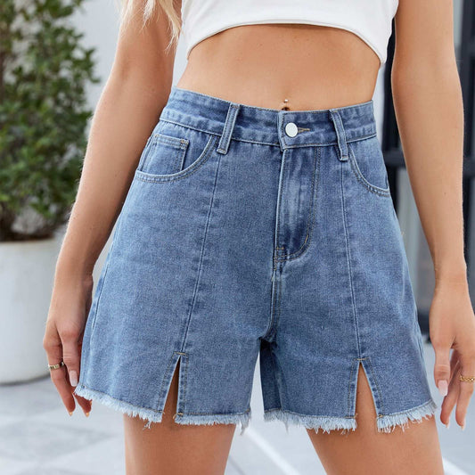 Women's Washed Denim Shorts Frayed Hem Split Hot Pants - globaltradeleader