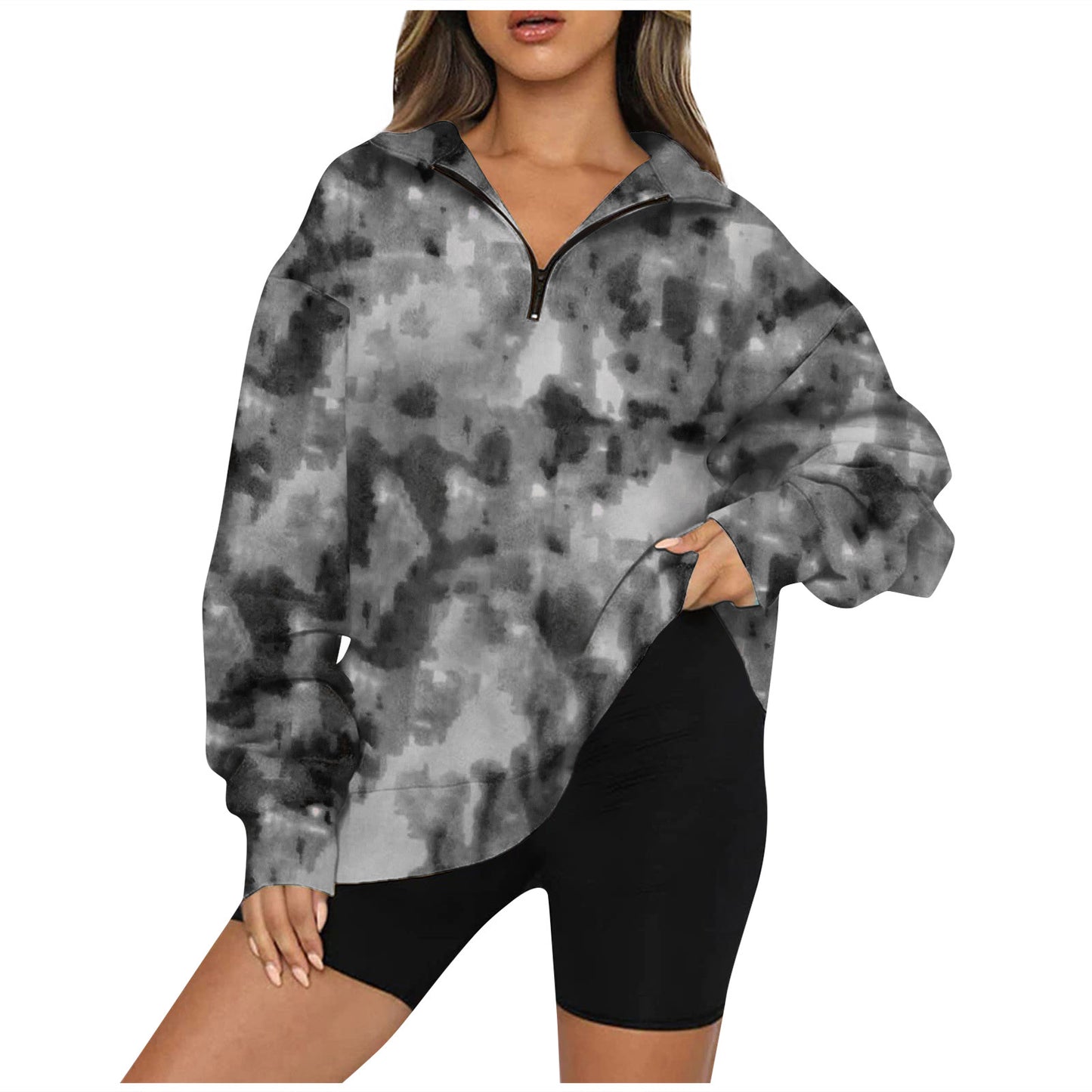 Tie Dye Printed Zippered Lapels Sweatshirt Womens Clothing Long Sleeve Loose Pocketless Top - globaltradeleader