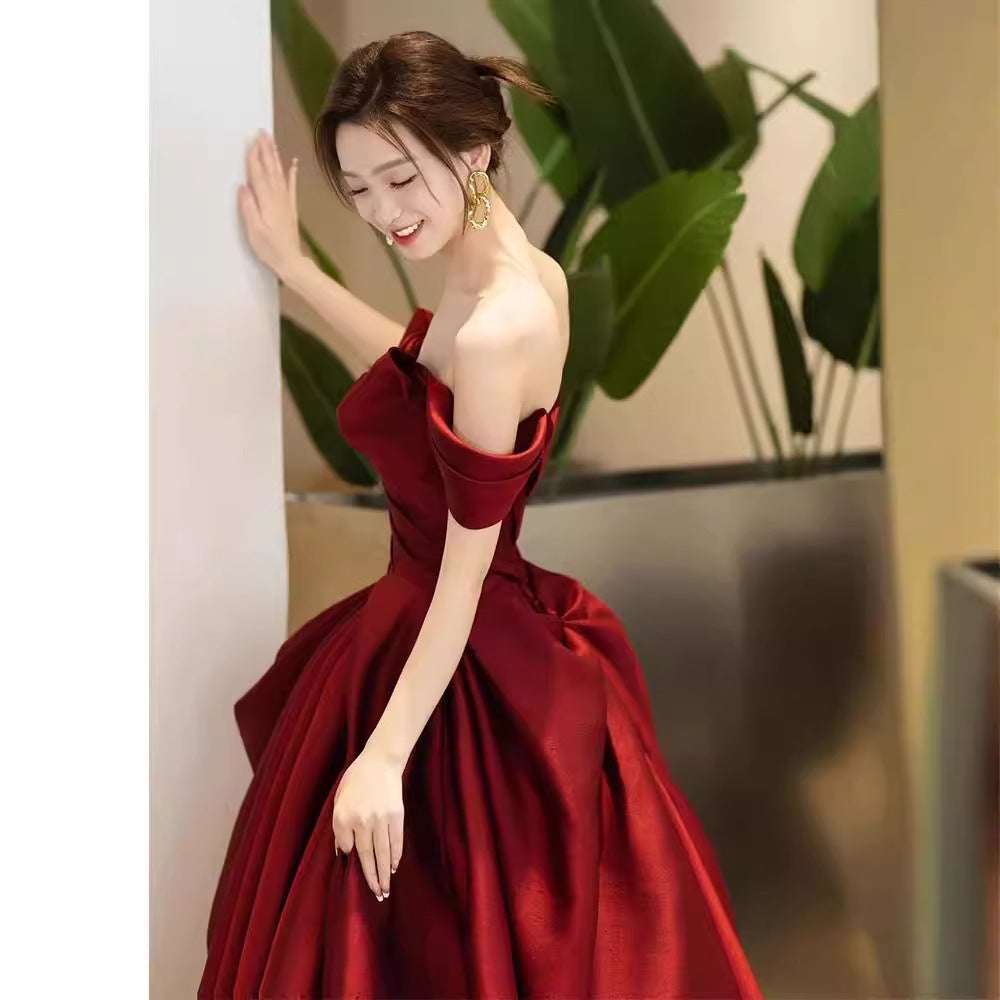 High-end Engagement Red Evening Dress French Off-shoulder Bow Princess Dress - globaltradeleader