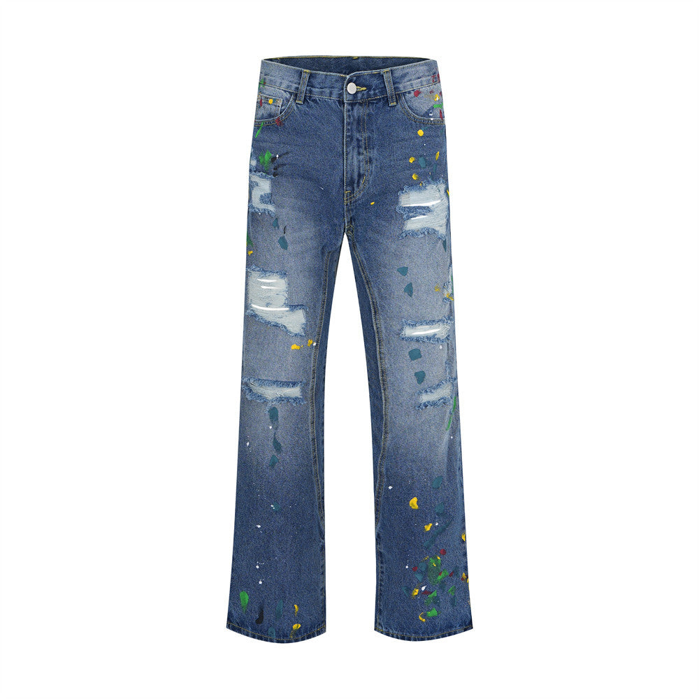 Ripped Paint Wide-leg Denim Trousers For Men