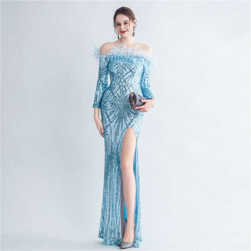 High-density Ostrich Feather Sequins Off-shoulder Long Sleeve Fishtail High-end Evening Dress - globaltradeleader