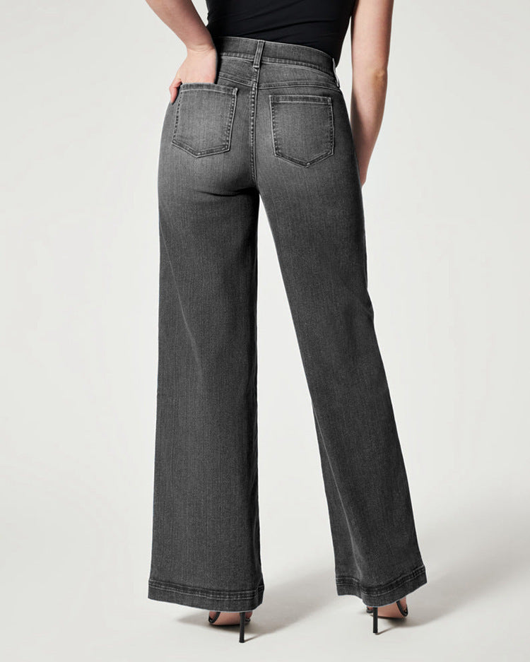 Women's Straight Jeans Mid Waist Wide Leg Pants High Elastic Waist Trousers - globaltradeleader