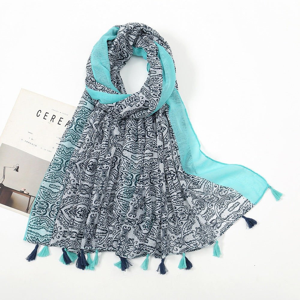 New Voile Tassel Retro Printed Geometric Versatile Fashion Travel Sun Protection Shawl Scarf