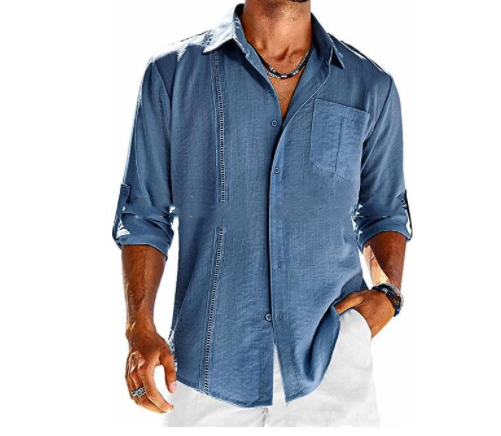 Casual  Long Sleeve Shirt With Pocket Lace Polo Collar Solid Color Button Mens Clothing - globaltradeleader