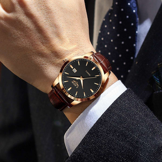 New Men's Quartz Watch Single Calendar Three Needle Leather Belt Waterproof - globaltradeleader