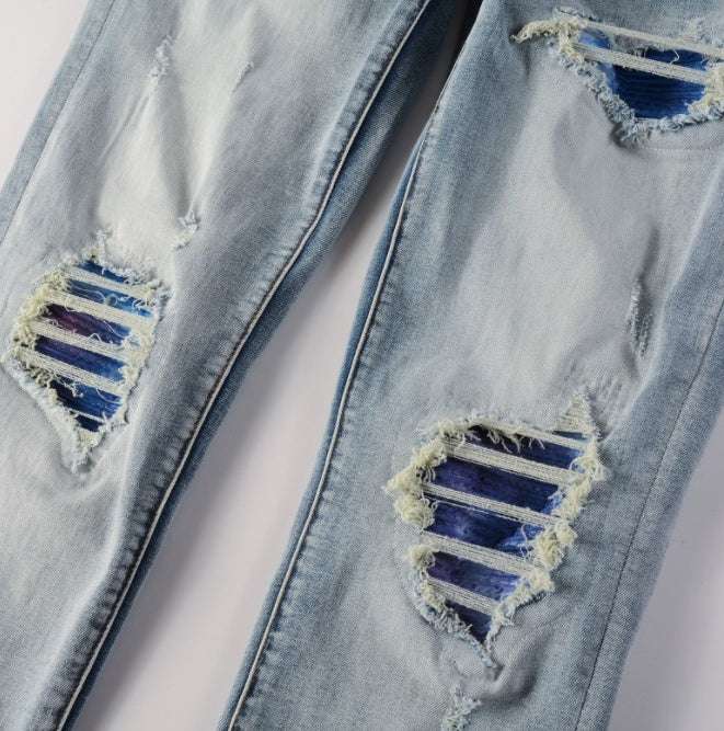 High Street Light Blue Broken Hole Colorful Gradient Pants - globaltradeleader