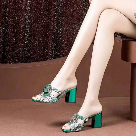 Thick Heel Sandals Women's Net Yarn Breathable One-way High-heeled Fish Mouth Slippers - globaltradeleader