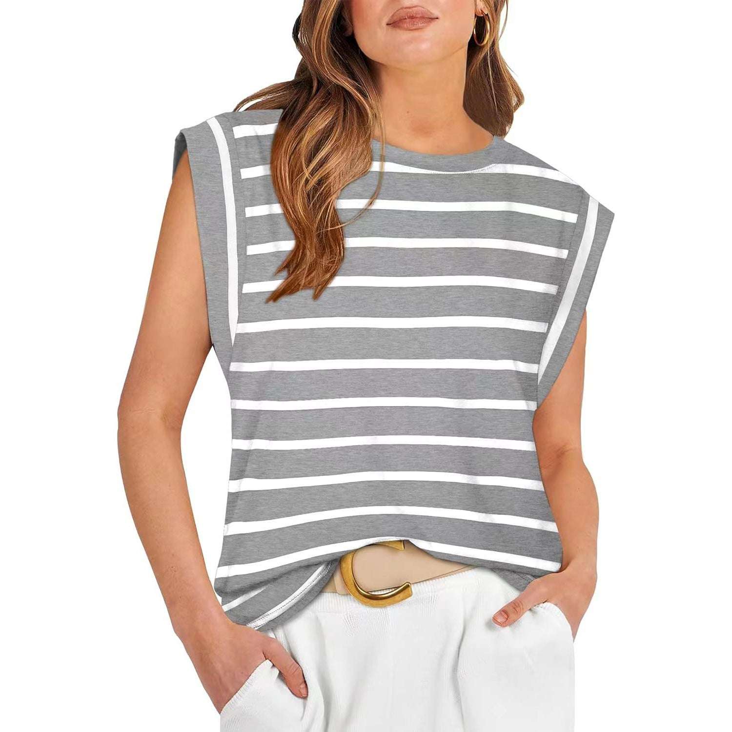 Spring And Summer New Round Neck Loose Short Sleeved T-shirt Striped Top Women's Vest - globaltradeleader