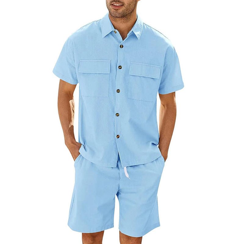 Summer Suits Men Short Sleeve Lapel Pockets Shirt And Drawstring Shorts Sports Fashion Leisure Men's Clothing - globaltradeleader