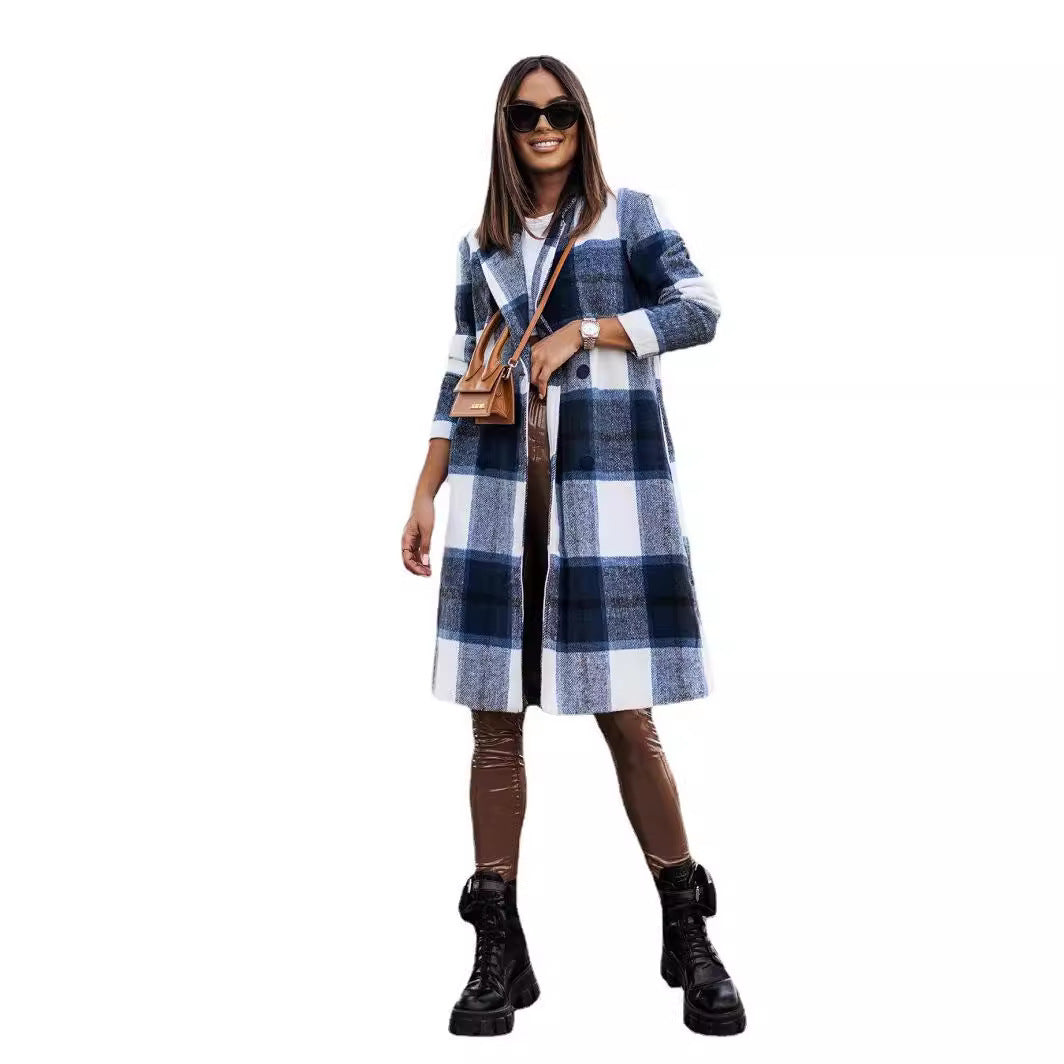 European And American Fall Winter Fashion Brushed Mid-length Plaid Wool Coat - globaltradeleader