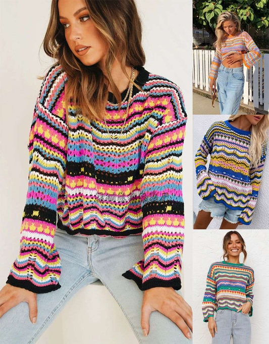 Stitching Sweater Loose Inter-color Rainbow Round Neck Striped Women - globaltradeleader