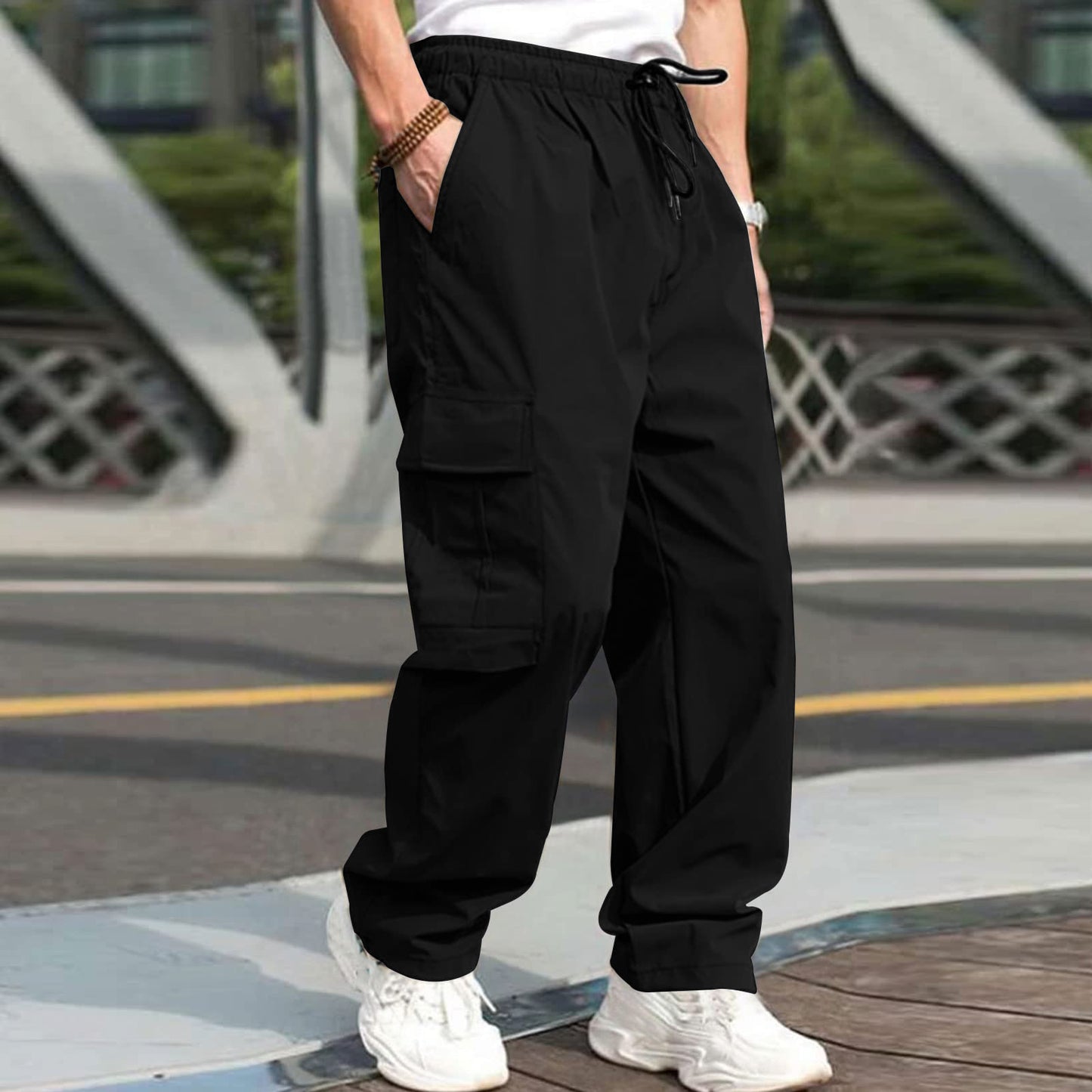 Casual Cargo Pants For Men Loose Straight Drawstring Waist Trousers With Pockets - globaltradeleader