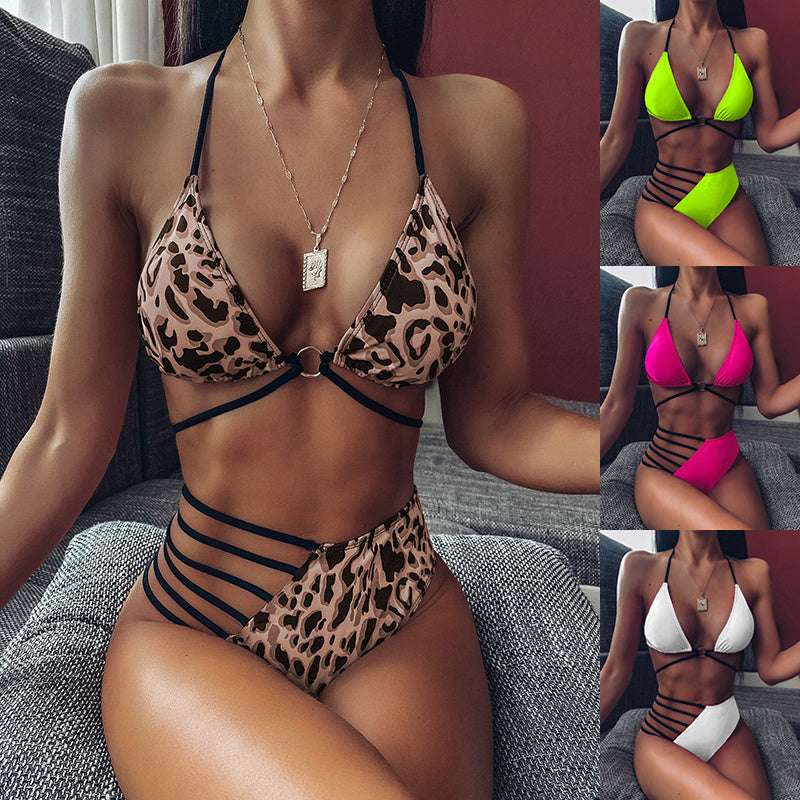 Two-piece Halter Neck Bikini Leopard Print Cutout Strap Swimsuit Set Summer Beach Womens Clothing - globaltradeleader