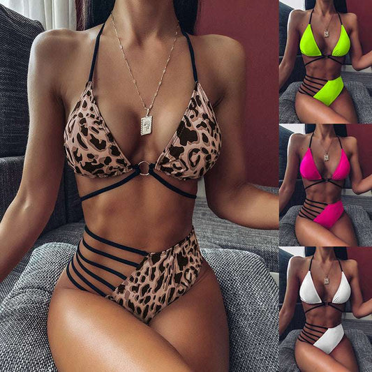 Two-piece Halter Neck Bikini Leopard Print Cutout Strap Swimsuit Set Summer Beach Womens Clothing - globaltradeleader