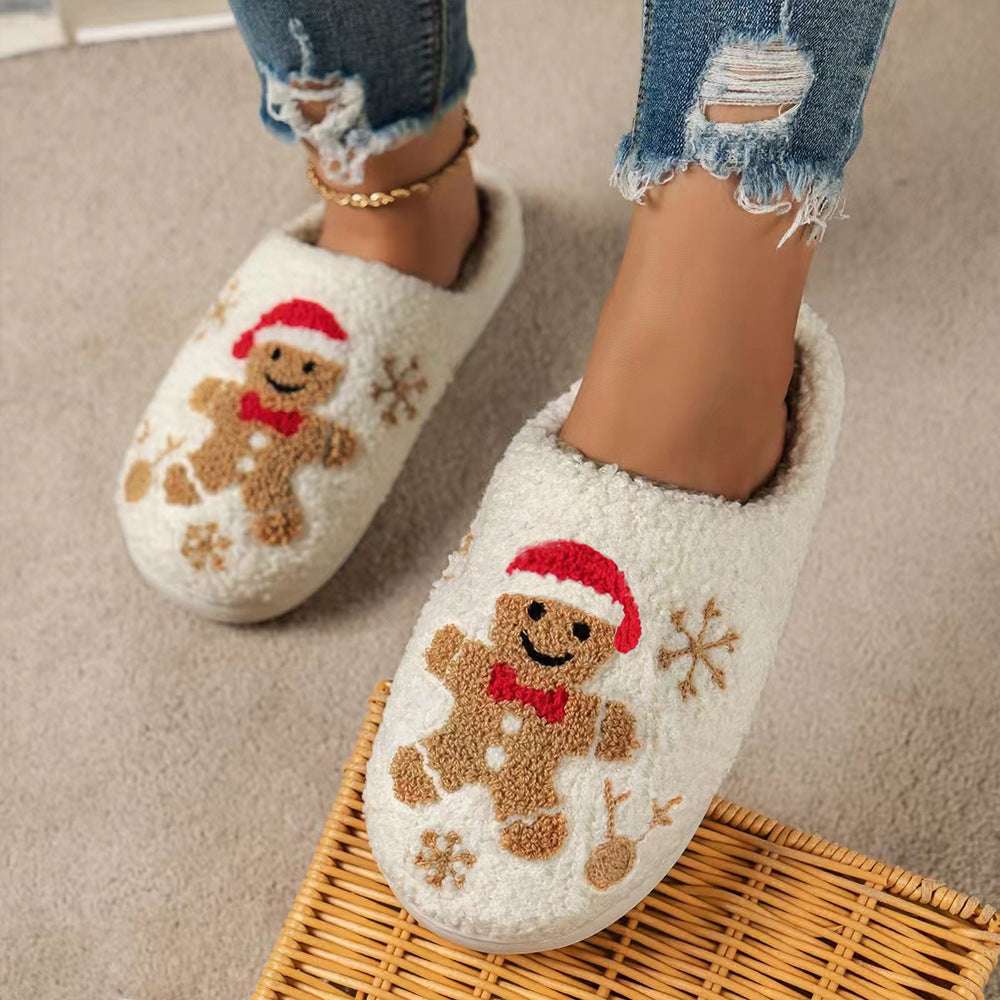 Christmas Snowflake Gingerbread Slippers Winter Indoor Non-slip Floor Bedroom Fuzzy House Shoes For Women Home Slippers - globaltradeleader