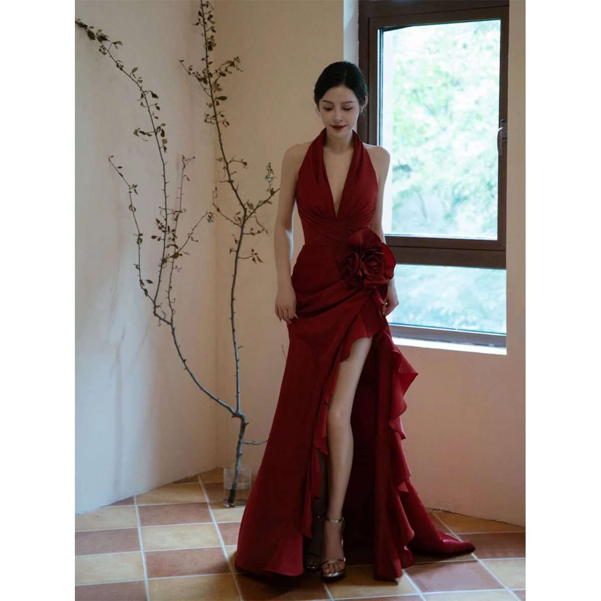 Socialite Style Wine Red Elegant Halter Bride Wedding Toast Dress - globaltradeleader