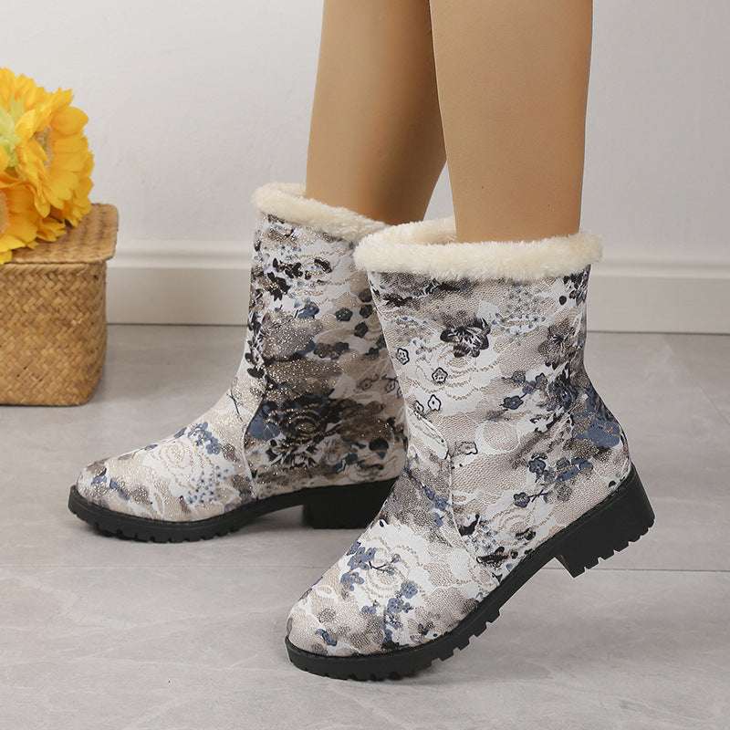 Fashion Flowers Print Ankle Boots With Plush Winter Warm Platform Shoes Women Lightweight Plus Velvet Ankle Boots - globaltradeleader