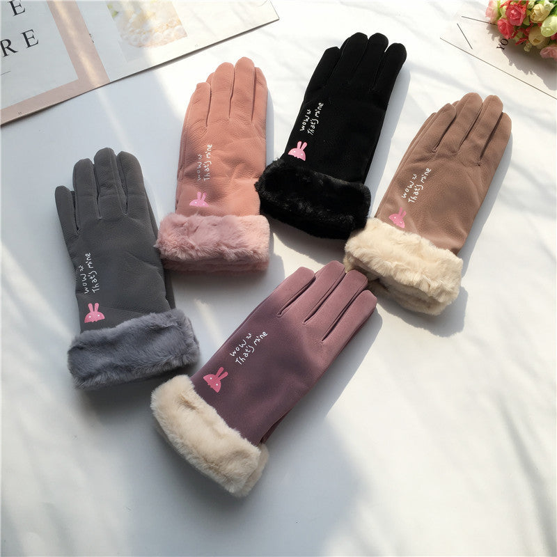 Autumn And Winter Women's Riding Gloves Korean Style Alphabet Cartoon Warm Double Layer Fleece-lined - globaltradeleader