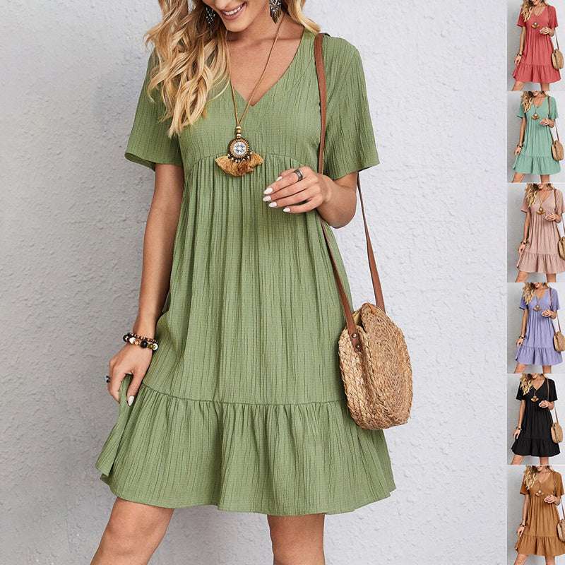 V-neck Short Sleeve Dress Summer Fashion Casual Loose Ruffled Dresses Beach Clothing Women - globaltradeleader
