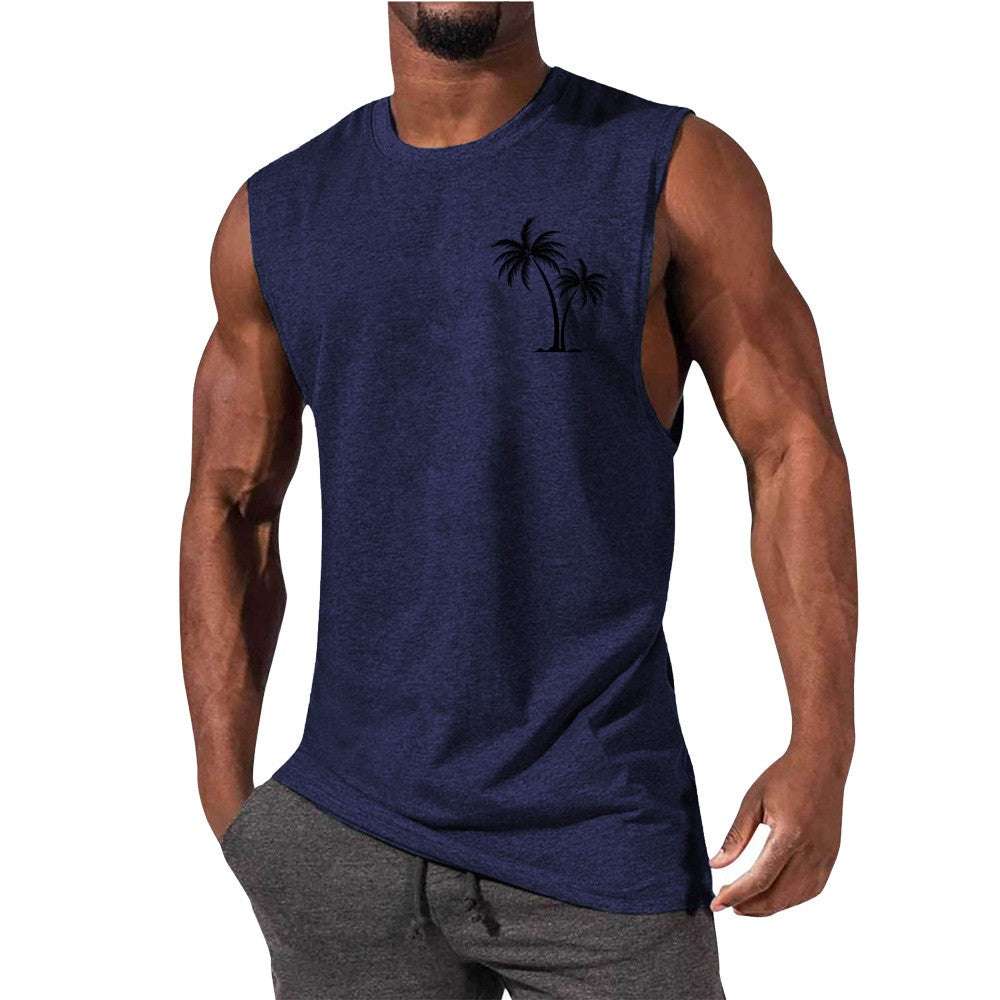 Coconut Tree Embroidery Vest Summer Beach Tank Tops Workout Muscle Men Sports Fitness T-shirt - globaltradeleader
