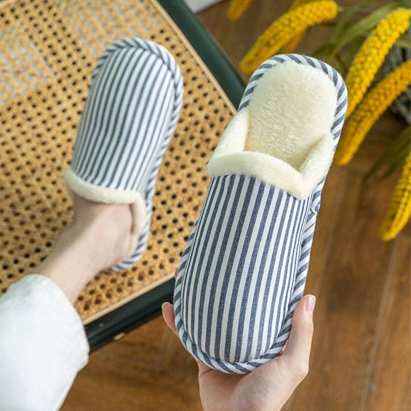 Fashion Striped Printed Slippers For Women Autumn And Winter Warm Non-slip Thick Sole House Shoes Men's Indoor Plush Shoes - globaltradeleader