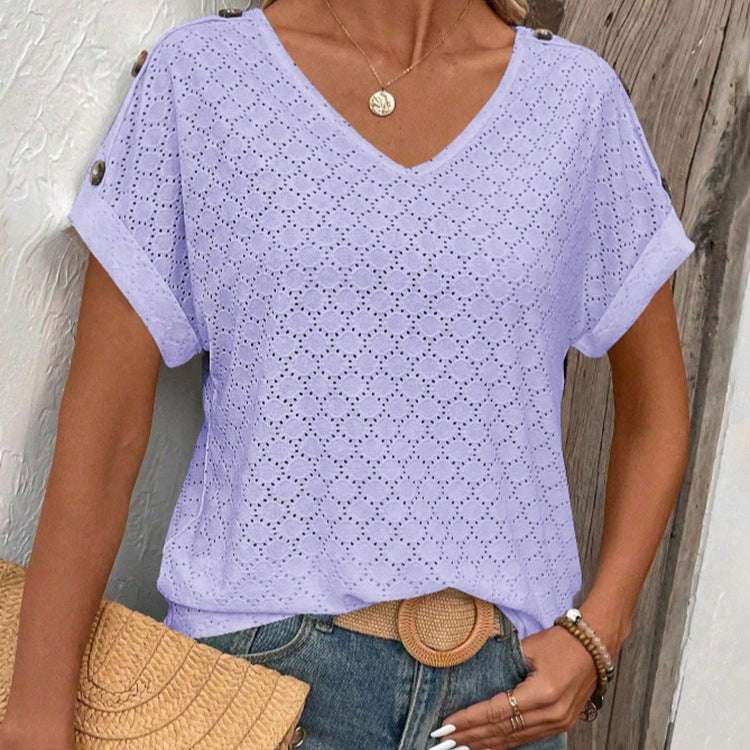 Button Solid Color Circle Loose Short Sleeve T-shirt For Women - globaltradeleader
