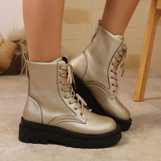 Women's Lace Up Round Toe Platform Leather Martin Boots - globaltradeleader