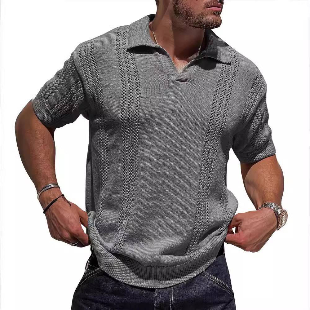 European And American Fashion Men's Knitted Polo Shirt Short Sleeve V-neck Hollow - globaltradeleader