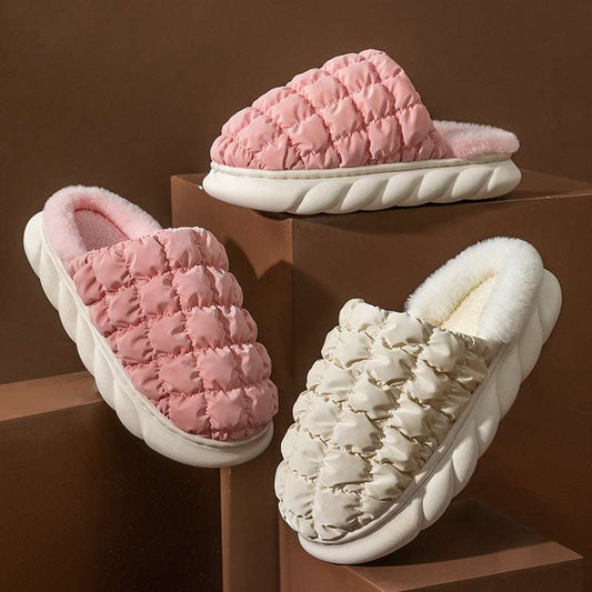 Plaid Bubble Home Slippers Winter Thick Sole Plush Shoes Women - globaltradeleader