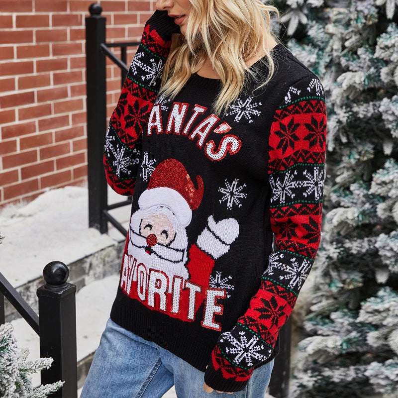 Santa Embroidered Crew Neck Knit Sweater - globaltradeleader