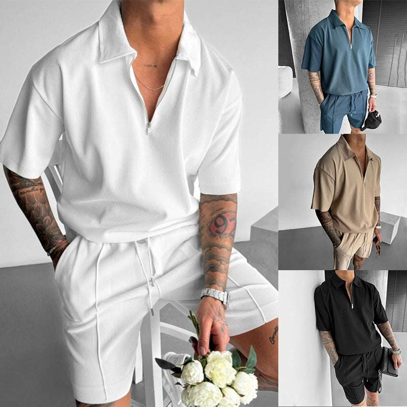 Summer Fashion Mens Clothing  Men's Suits New Zipper Polo Casual Short Sleeve Drawstring Shorts Men's Set - globaltradeleader