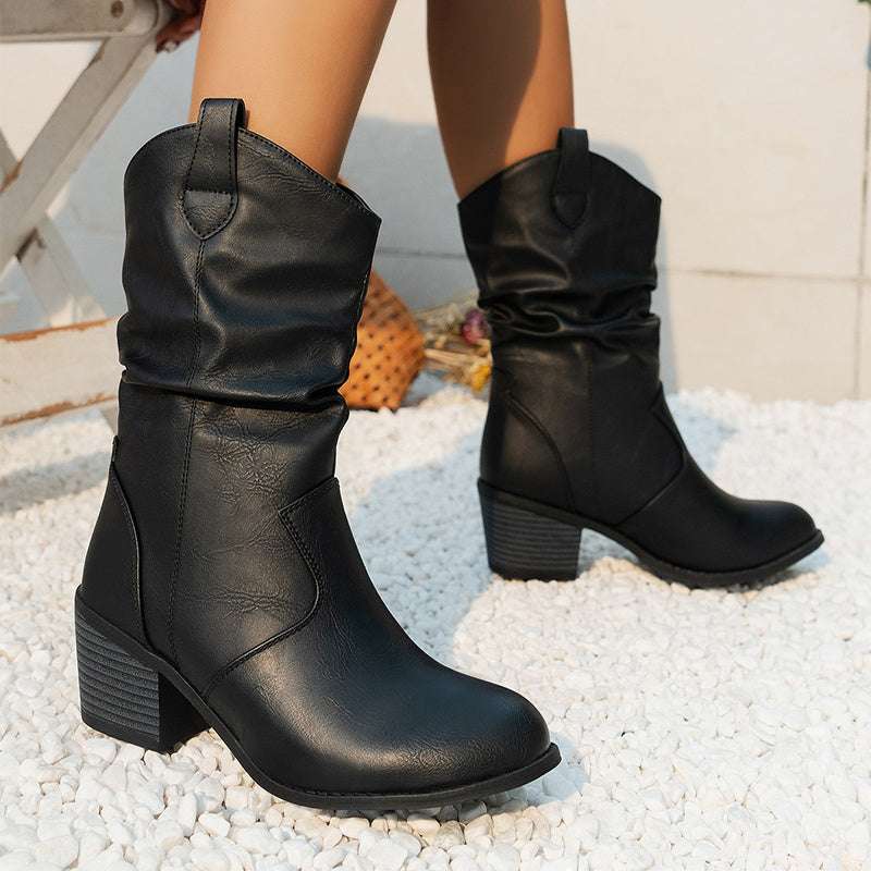 Vintage Western Cowboy Boots For Women Square Heels PU Leather Mid-Calf Shoes Autumn Winter Knight Boots Ladies - globaltradeleader