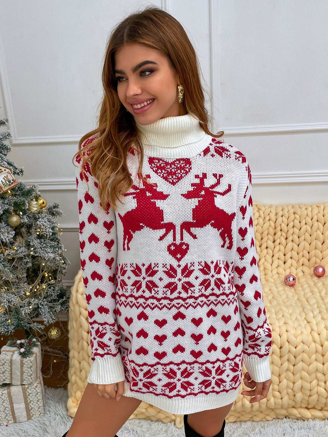 Turtleneck Elk Love Sweater Dress - globaltradeleader