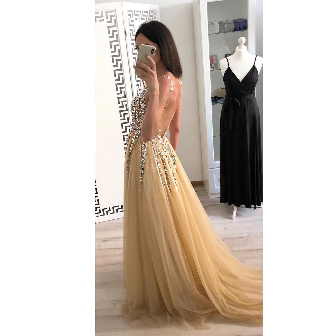 Hot Sale Front And Back V-neck Sequined Floor-length Dovetail Dress - globaltradeleader