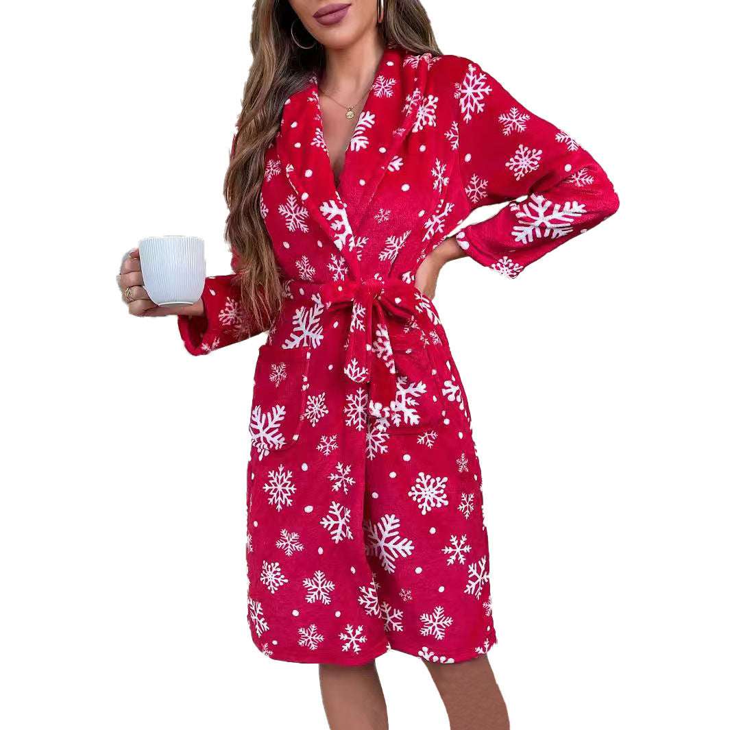 Christmas Snowflake Bathrobe Printed Lace-up Flannel Thick Night-robe