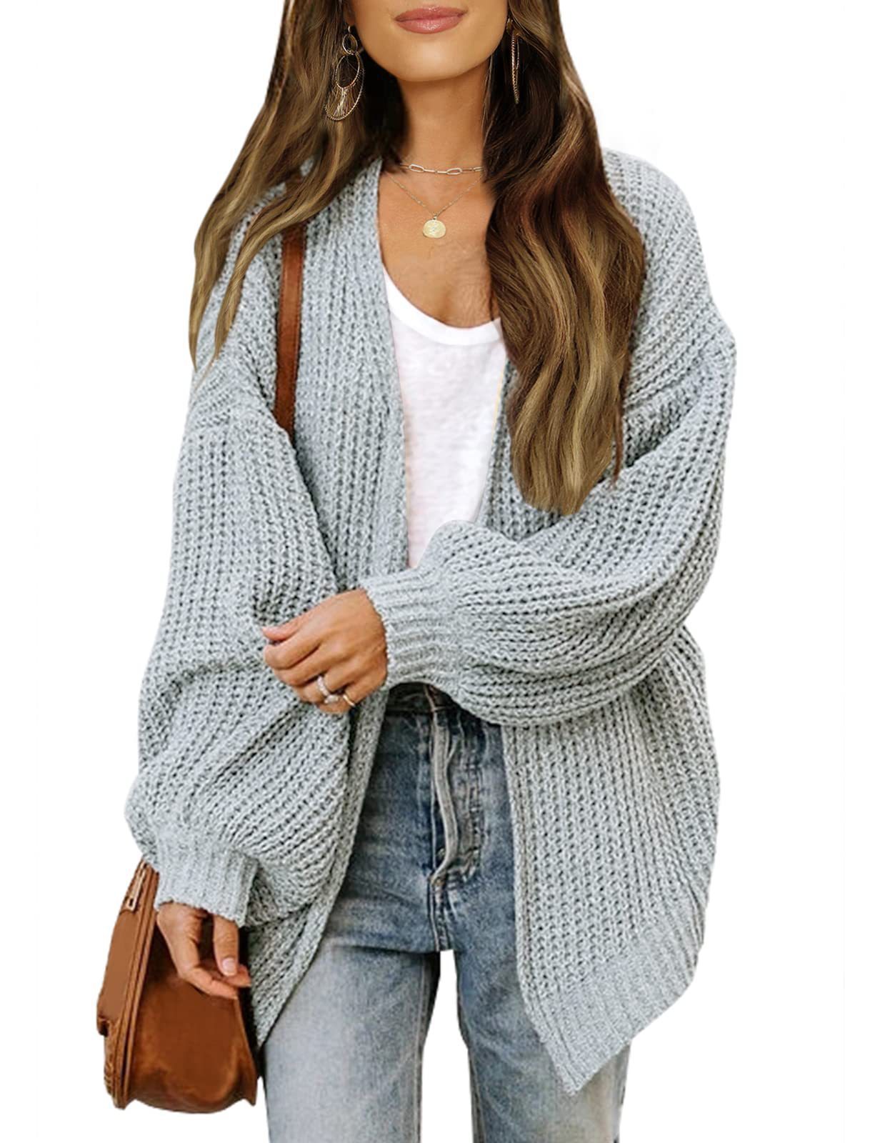 Fashion Lantern-sleeved Sweater With Pockets Casual Loose Solid Knit Cardigan Autumn Tops Womens Clothing - globaltradeleader