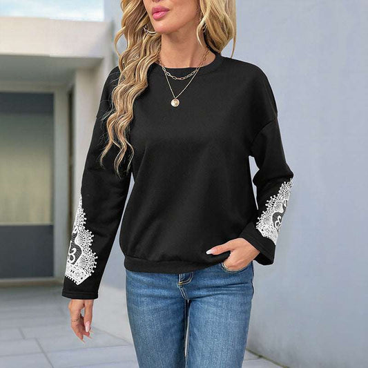 Women's Lace Stitching Round Neck Pullover Top - globaltradeleader