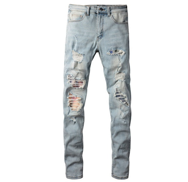 Hole & Patch Jeans Vintage Men's Stretch Slim High Street Denim - globaltradeleader