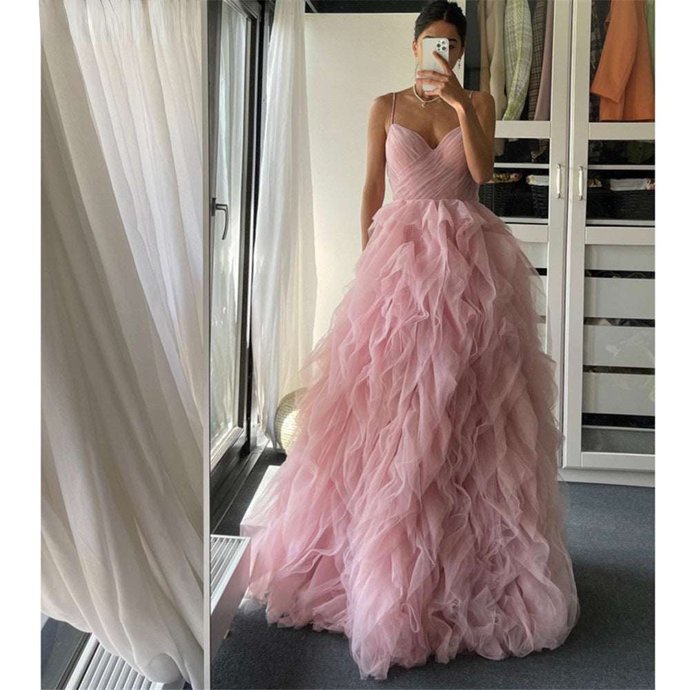 Evening Gown Prom Irregular Spaghetti-strap Mesh Long Dress - globaltradeleader