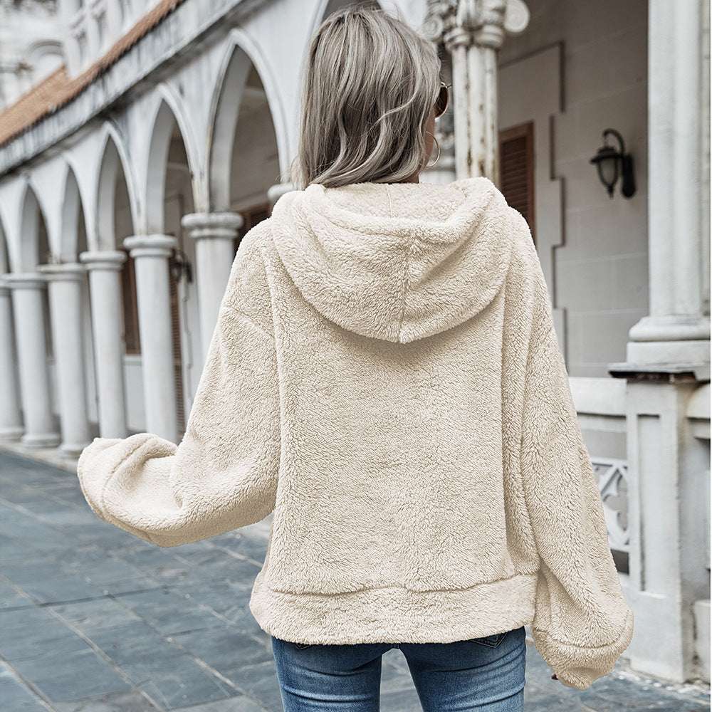 Hooded Solid Color Plush Loose Sweater Women Sweater