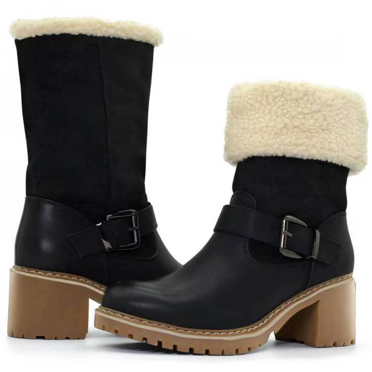 Fashion Boots With Buckle Chunky Heel Shoes Warm Winter Round Toe Western Boots For Women - globaltradeleader