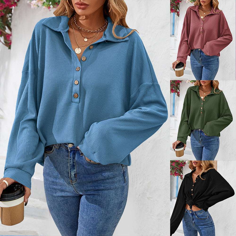 Fashion Lapel Button Sweatshirt Casual Loose Solid Color Long Sleeve Pullover T-shirt Top Womens Clothing - globaltradeleader