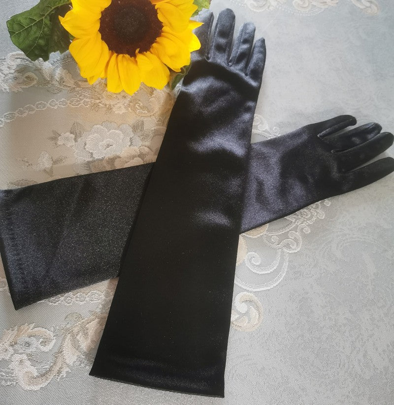 Black Satin Fabric Gloves Long Bag Finger Evening Dress Banquet Photography Jewelry Hepburn Style - globaltradeleader