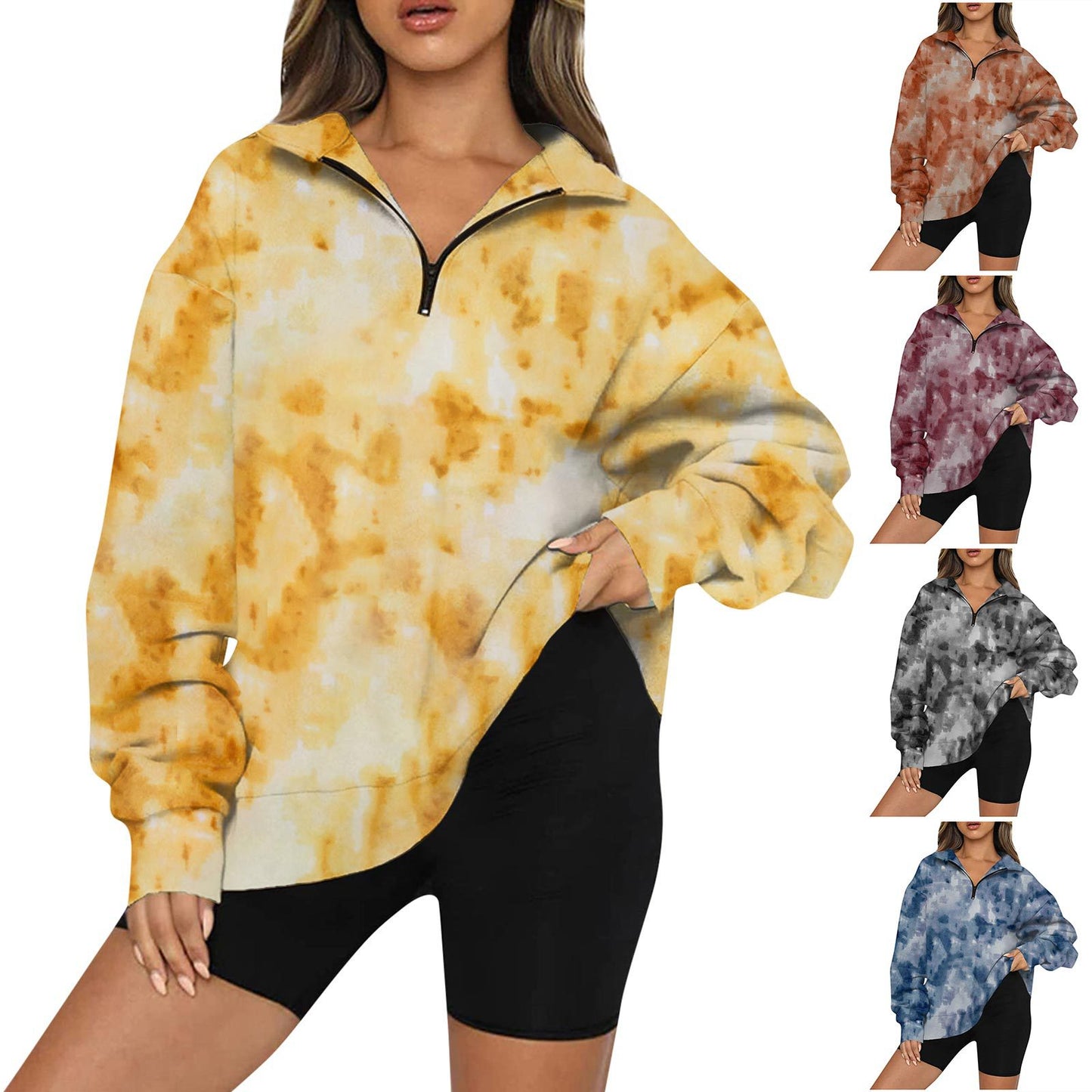 Tie Dye Printed Zippered Lapels Sweatshirt Womens Clothing Long Sleeve Loose Pocketless Top - globaltradeleader